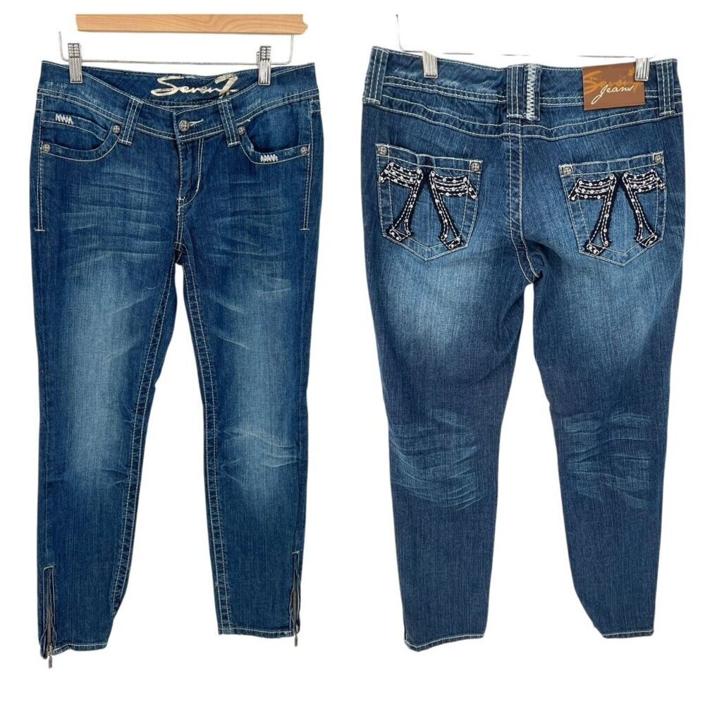 Seven 7 Zip Ankle Jeans Women's Size 28 Blue Denim Distressed Faded Embroidered